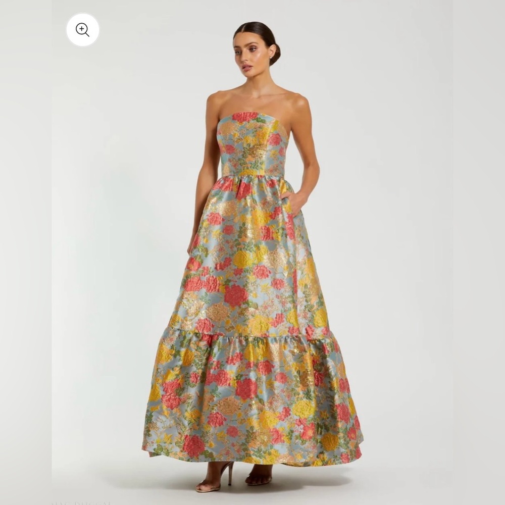 Mac Duggal Multicolor Strapless Floral Brocade Dress with Ruffles size 0 - Picture 2 of 7